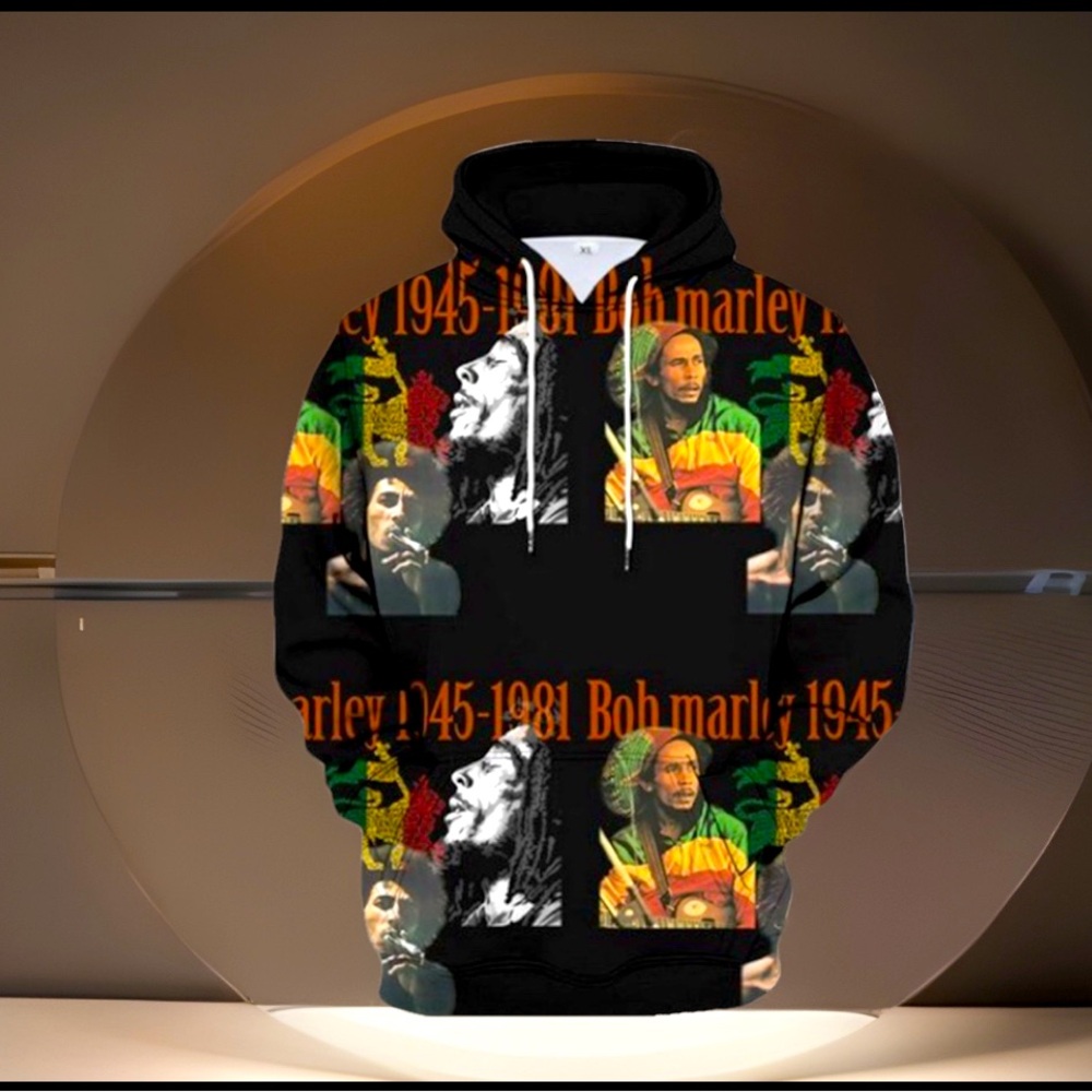 BOB MARLEY RIP 1945-1981 Long Sleeve Hoodie Pullover Kangaroo Pocket Shirt NWT